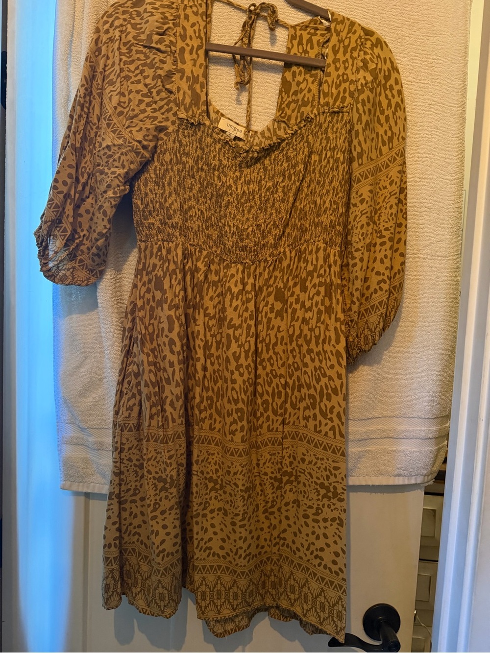 Umgee Mustard Brown Leopard Smocked Midi Dress